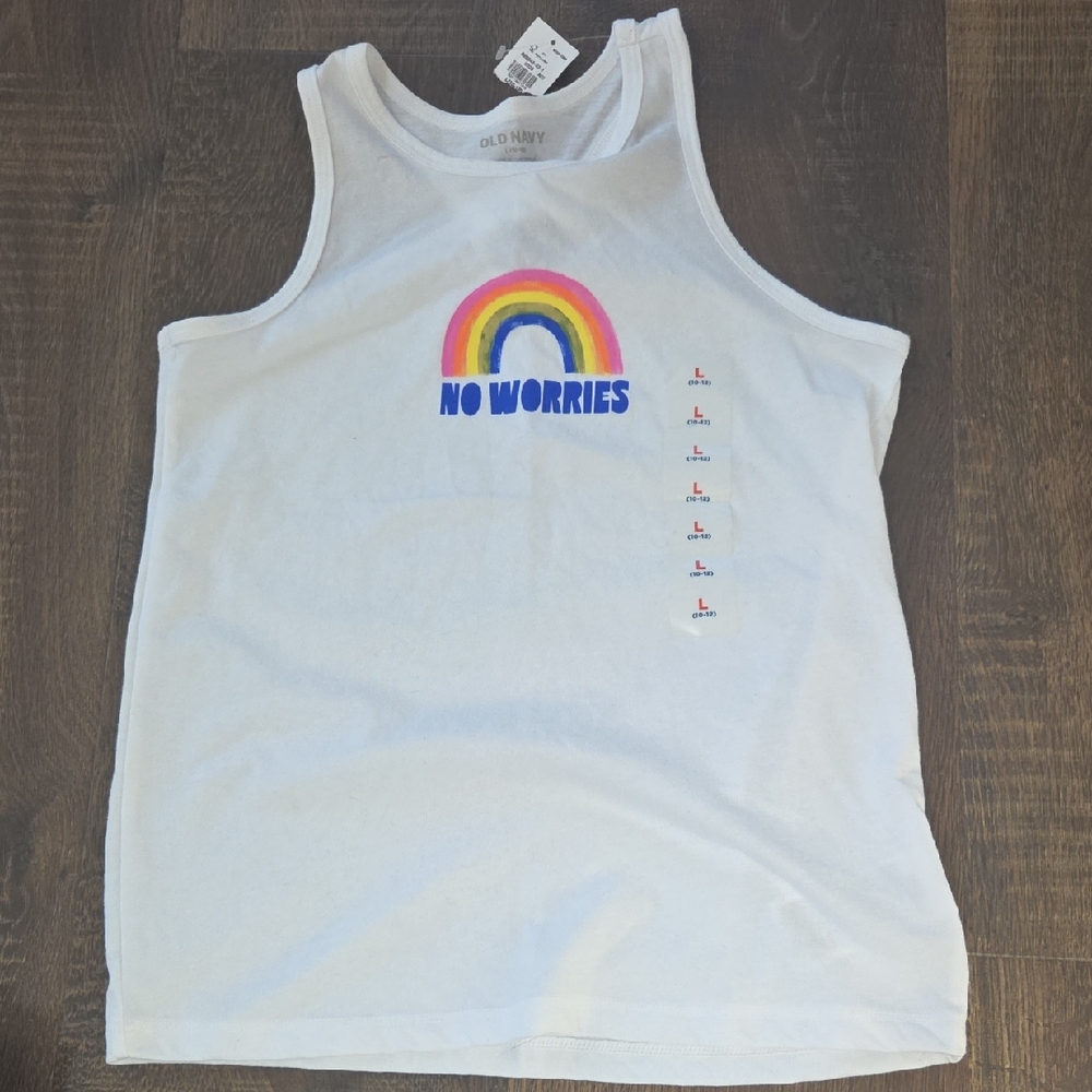 NWT Old Navy White Tank Top with Rainbow 'No Worries' Graphic